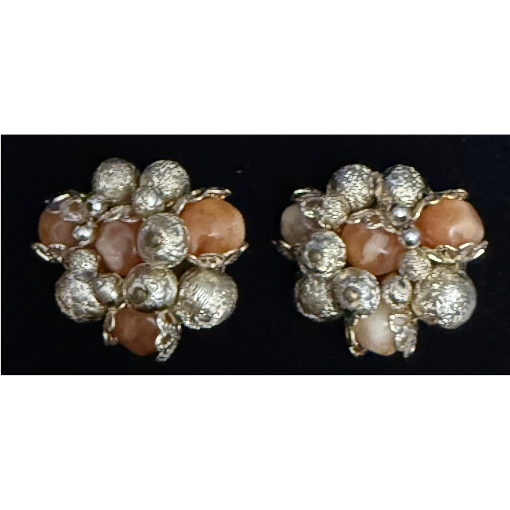 Vintage West Germany Peach Cream Beaded Cluster Clip On Earrings
